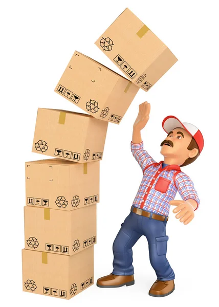 3D człowiek dostawy z kupie pudełka upadku na górze. Accide pracy Obraz Stockowy