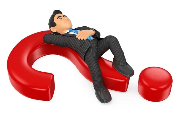 3D επιχειρηματίας στοχαστικό ξαπλωμένος σε ένα αγγλικό ερωτηματικό — Φωτογραφία Αρχείου
