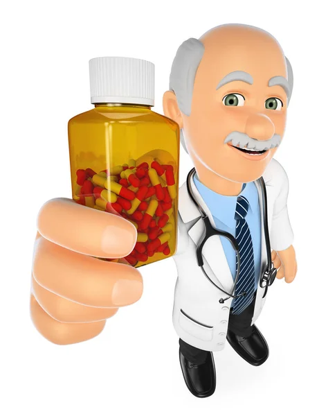 3D Doctor showing a pills bottle without label — Stock Photo, Image