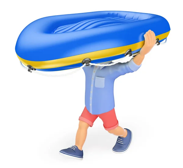 3D Man in shorts carrying an inflatable boat on his head — Stock Photo, Image