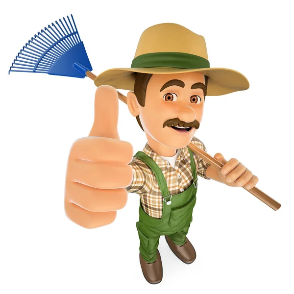 3D Gardener with a rake and thumb up — Stock Photo, Image