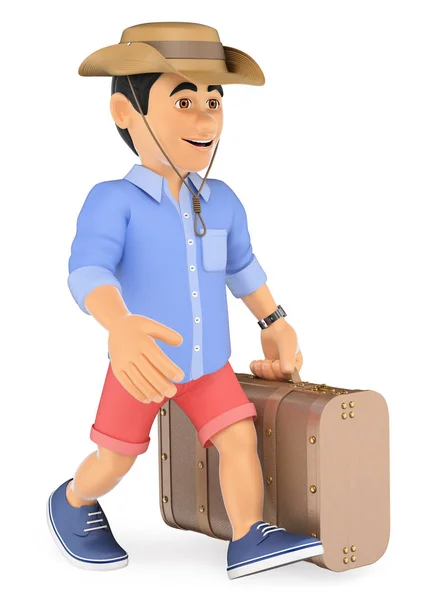 3D Man in shorts walking with a retro suitcase and a cap — Stock Photo, Image