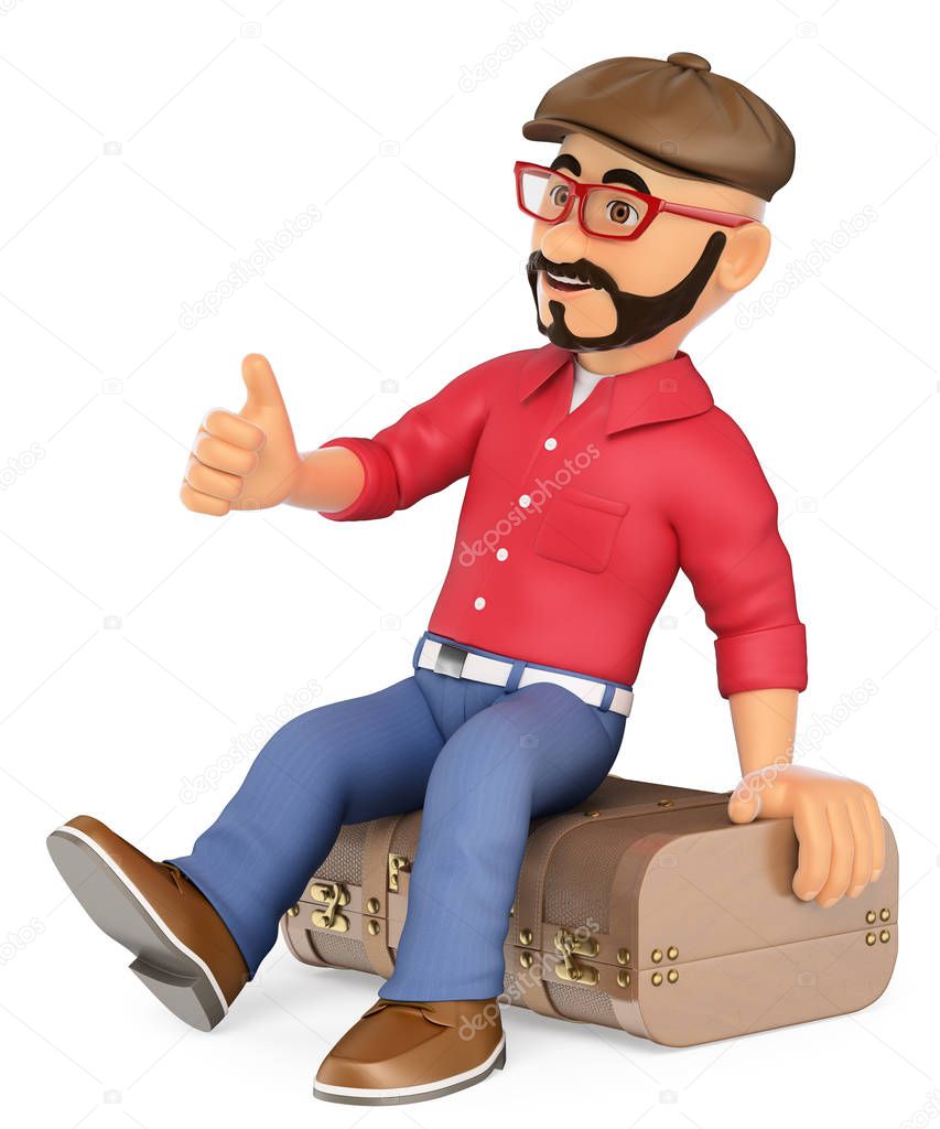 3D Alternative man sitting on a vintage suitcase hitchhiking