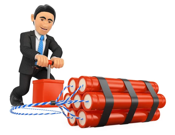 3D Businessman detonating a dynamite bomb. TNT — Stock Photo, Image