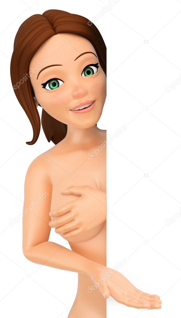 3D Naked woman pointing to one side with the hand. Half body