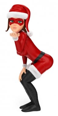 3d kadın Noel süper kahraman bir öpücük üfleme