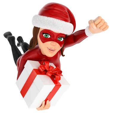 bir hediye ile uçan 3d kadın Noel süper kahraman