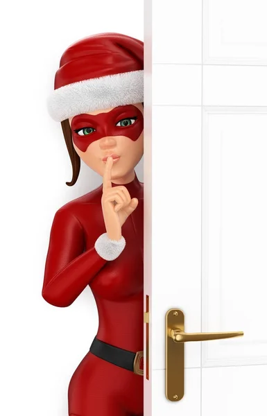 Mulher 3D super-herói de Natal escondido atrás de uma porta fechando — Fotografia de Stock