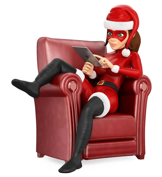 3D Woman christmas superhero sitting on a sofa with a tablet — Stock Photo, Image