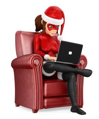 bir dizüstü bilgisayar ile bir kanepede oturan 3d kadın Noel süper kahraman