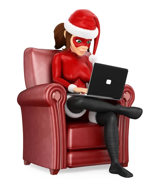 Mulher 3D super-herói de Natal sentado em um sofá com um laptop — Fotografia de Stock