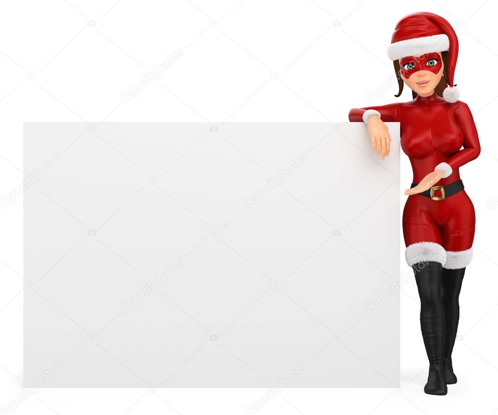 3D Woman christmas superhero leaning on a blank poster