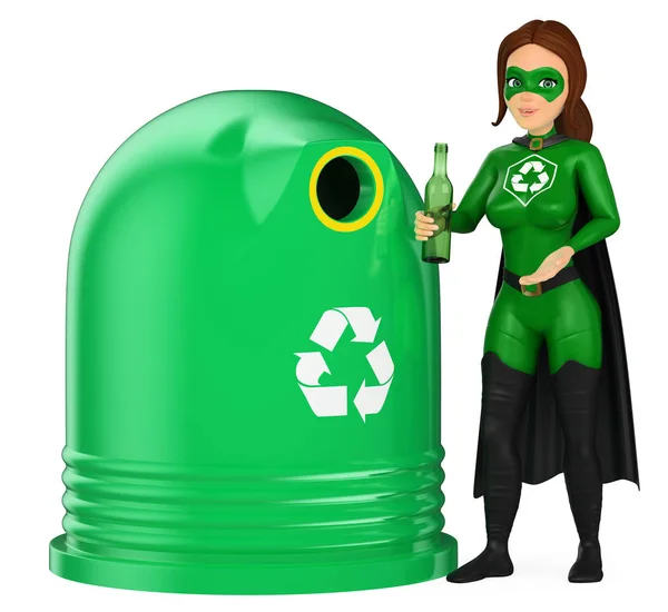 3D Woman superhero of recycling putting a glass bottle in a cont — Stock Photo, Image