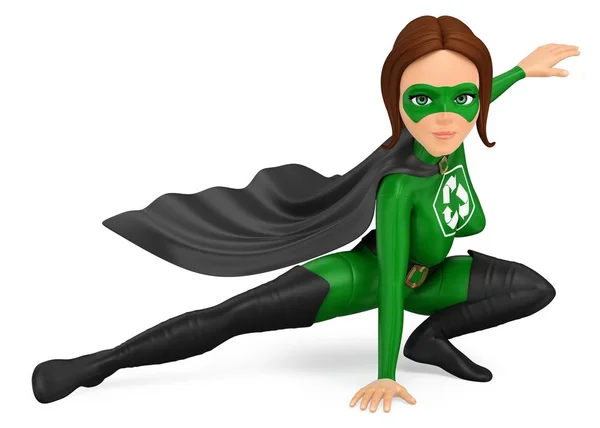 3D superhero kobieta recyklingu, pozowanie ręką na podłogę — Zdjęcie stockowe