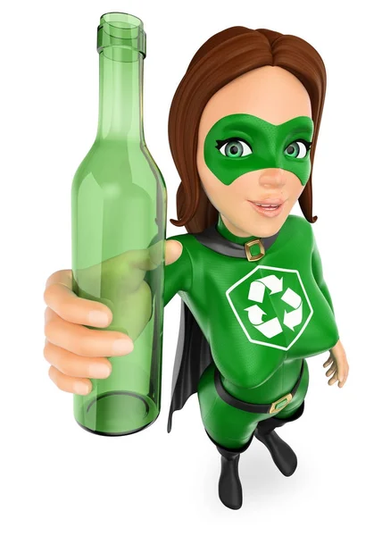 3D Woman superhero of recycling with a glass bottle — Stock Photo, Image