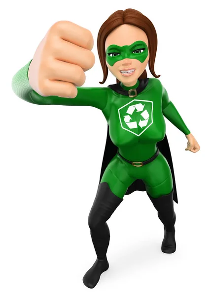 3D superhero kobieta recyklingu, dając kreskówka mocny cios — Zdjęcie stockowe