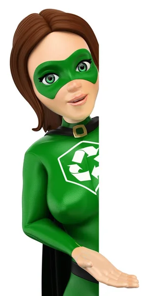3D-vrouw superheld van recycling opzij wijzen. Leeg — Stockfoto