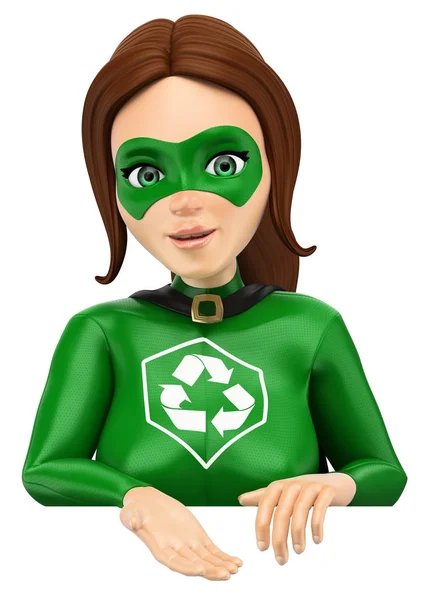 3D Woman superhero of recycling pointing down. Blank — Stock Photo, Image