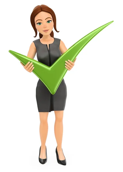 3D Businesswoman with a huge green tick — Stock Photo, Image