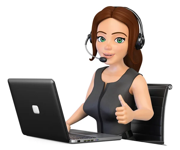 3D-call center operator werkt met een laptop en een duim omhoog — Stockfoto