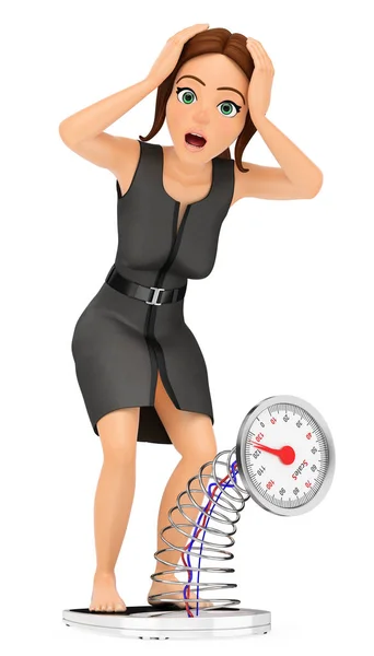 Femme d'affaires 3D se pesant sur une balance. Effrayé — Photo