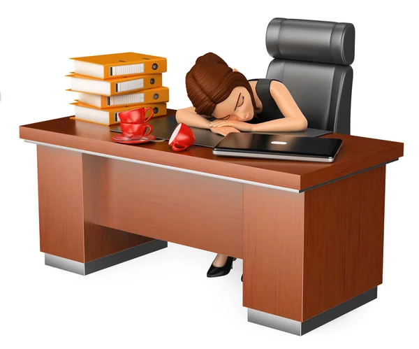 3D obchodní žena spí ve své kanceláři. Dlouhá pracovní den — Stock fotografie