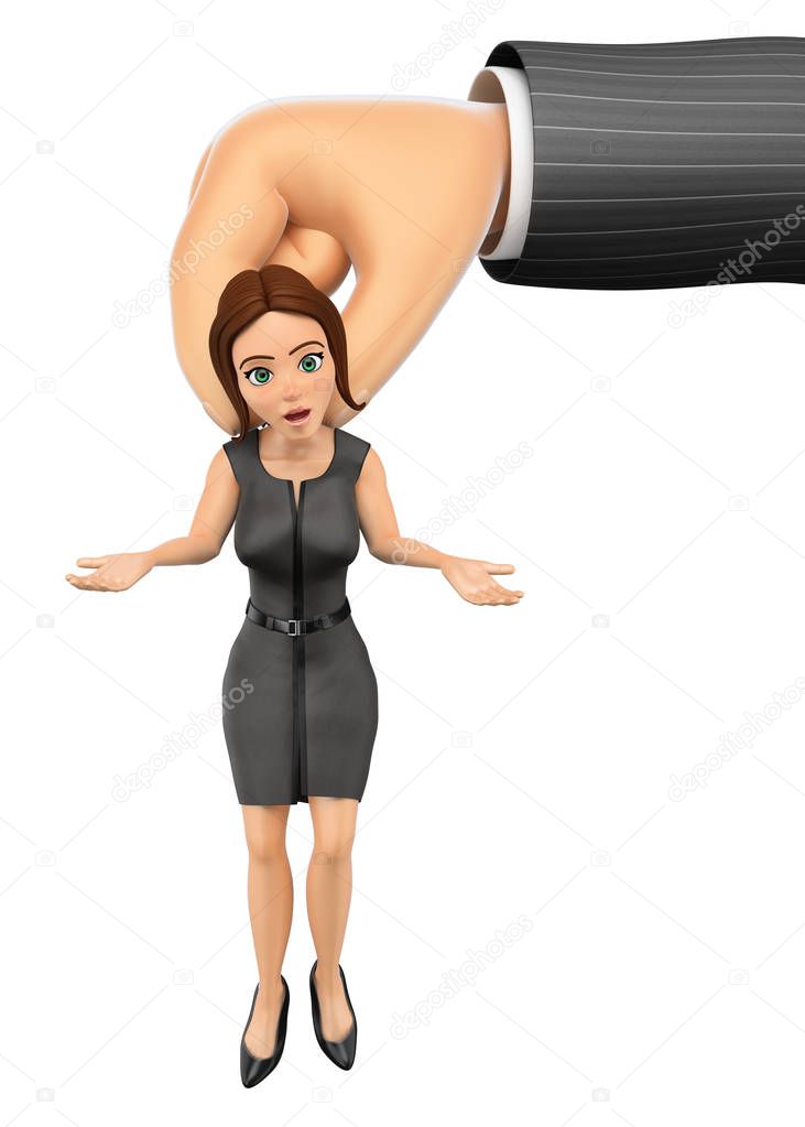 3D Business woman hanging from a huge man hand