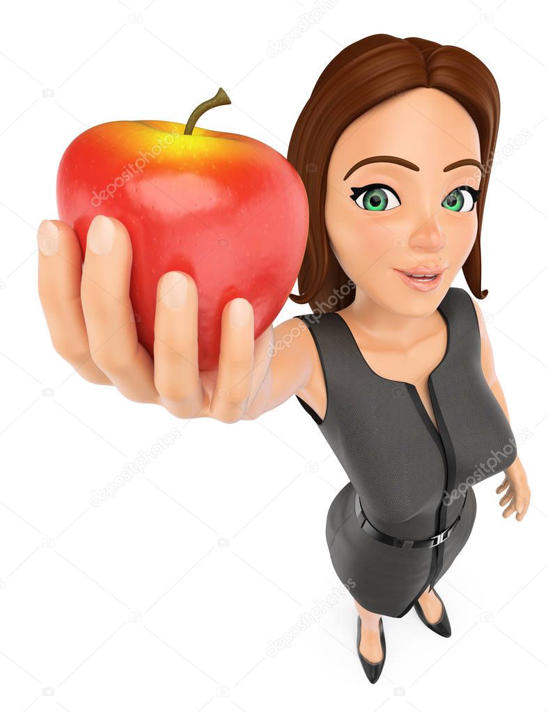 3D Business woman with a red apple. Healthy diet