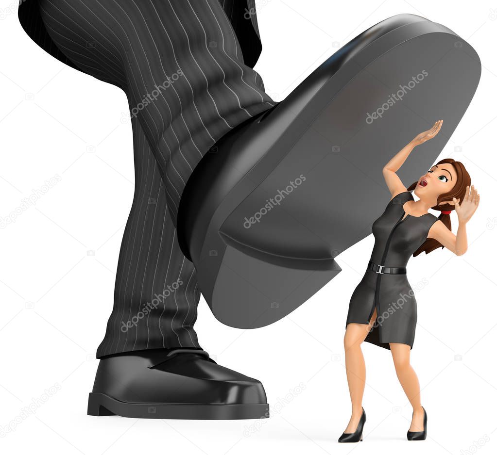 3D Business woman under a giant foot of man. Gender inequality