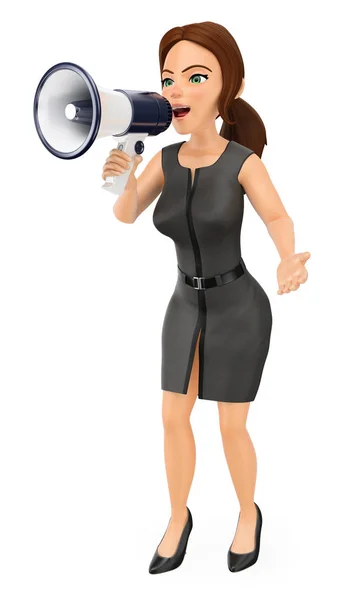 3D Бізнес-леді розмовляє на мегафоні — стокове фото