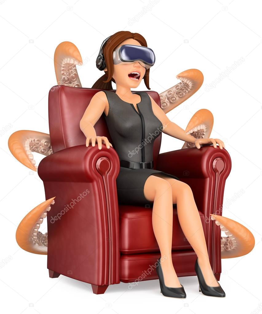 3D Business woman watching a scary movie with virtual reality gl