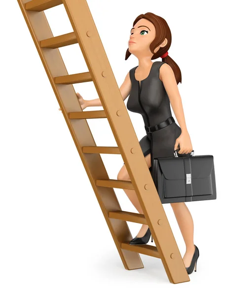 Mujer de negocios en 3D subiendo una escalera de madera. Promoción laboral — Foto de Stock