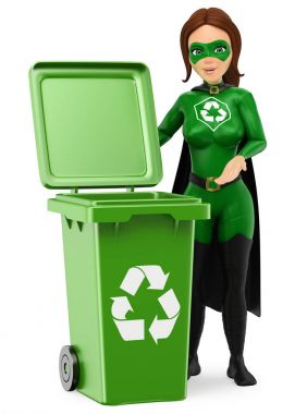 ayakta bir yeşil depo gözüyle geri dönüşüm 3d kadın süper kahraman