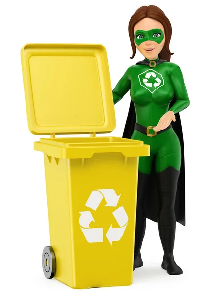3D Жінка супергерой переробки стоїть з жовтим бін для r — стокове фото