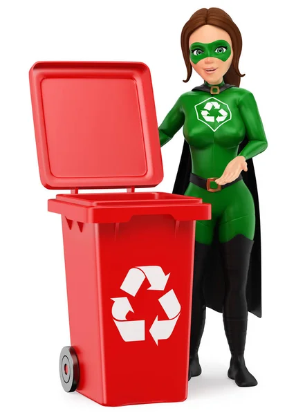 3D-vrouw superheld van recycling permanent met een rode bak voor recy — Stockfoto