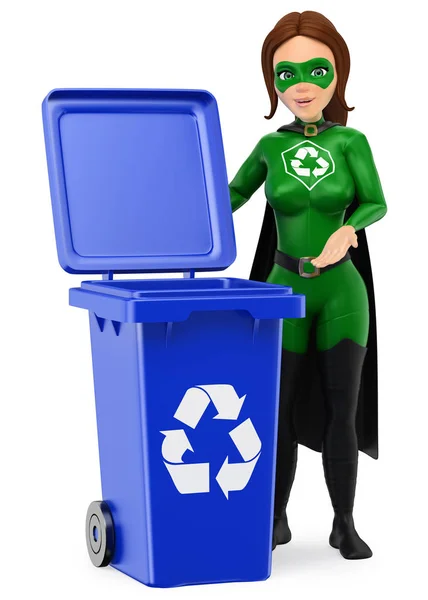 3D Mujer superhéroe de reciclaje de pie con un contenedor azul para la recreación — Foto de Stock