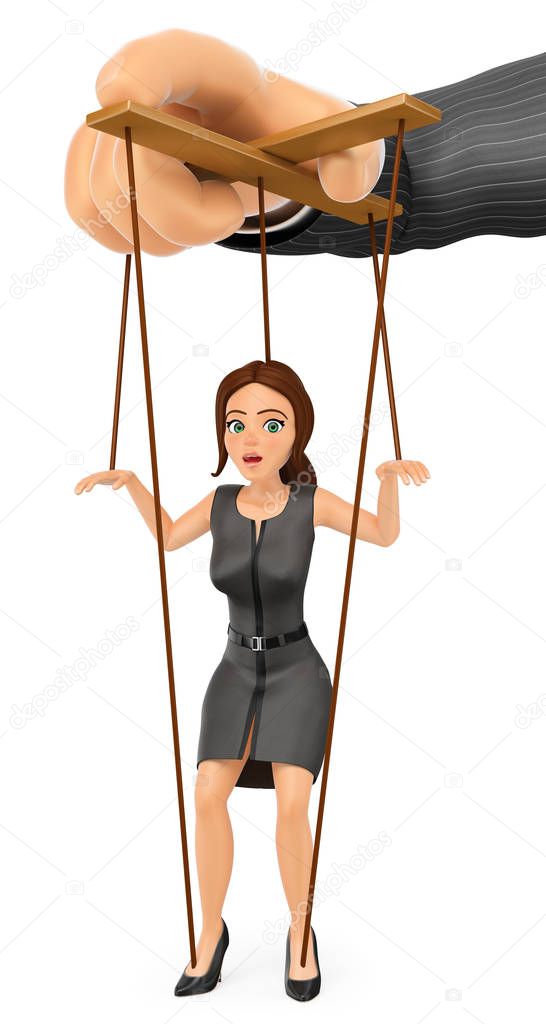 3D Business woman being handled like marionette by her boss