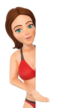 3d kadın bikini bir kenara işaret içinde. Boş poster