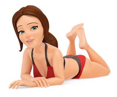 3D kadın seksi bir pozisyonda yere yatan bikini