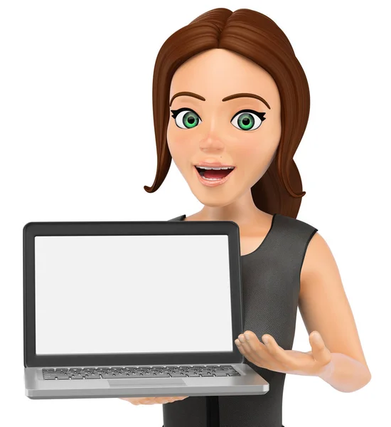 3D ділова жінка, що показує порожній екранний ноутбук — стокове фото