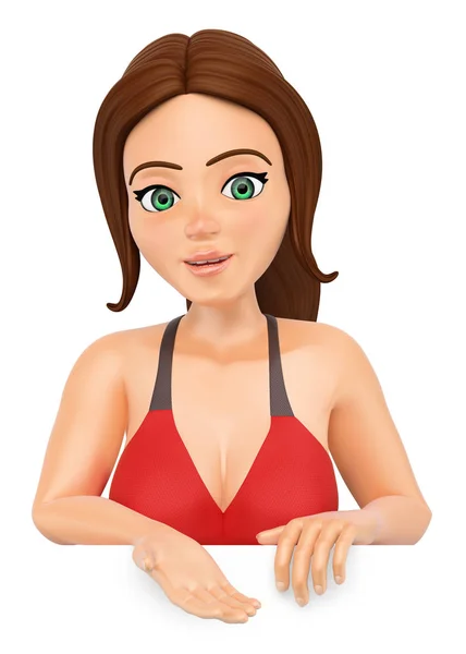 3D Woman in bikini pointing down. Blank poster — Stock Photo, Image