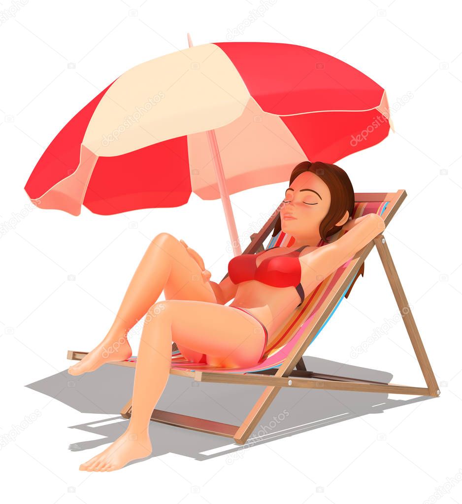 3D Woman in bikini sunbathing lying in a beach lounger