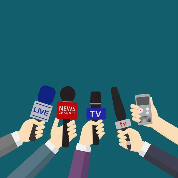 Set of hands holding microphones and digital voice recorders. journalism concept — Stock Vector