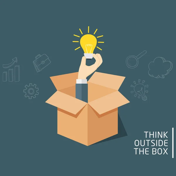 Tänka utanför boxen, idéer begreppet öppnade lådan med handen håller en glödlampa — Stock vektor