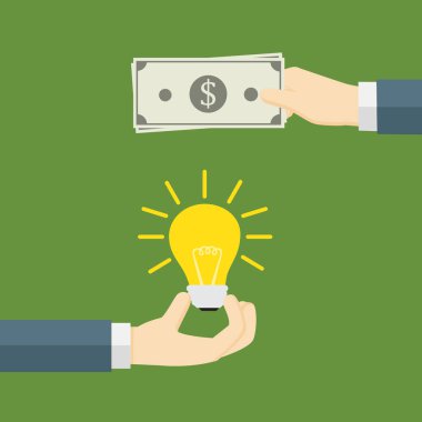 Para için fikir. Ampul ve diğer elini tutan bir el sunuyor para, yenilikçilik ve yaratıcılık için ödeme