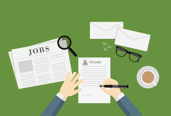 Personas que escriben un currículum vitae para solicitar empleo vacante — Vector de stock