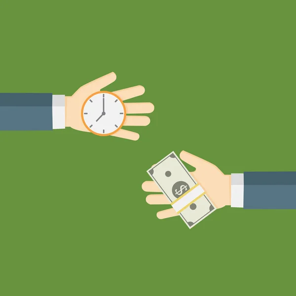 Tijd Is geld illustratie, mensen Hand uitwisselen van tijd met geld — Stockvector