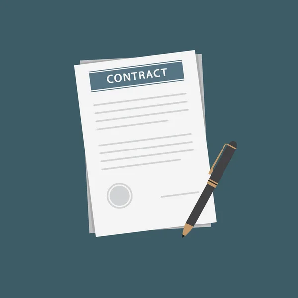 Platte ontwerp van Contract Document en zwarte Pen — Stockvector