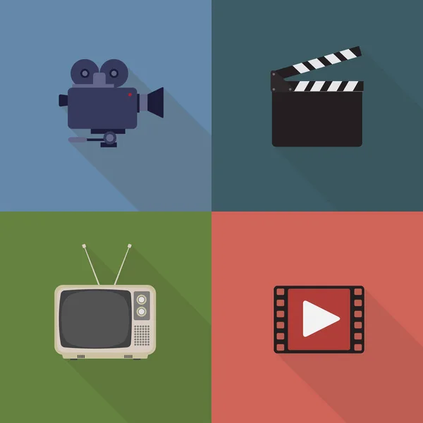 Film en film pictogrammen instellen. Vlakke stijl ontwerp. Bioscoop Recorder, Filmklapper, Retro televisie, Film pictogram — Stockvector