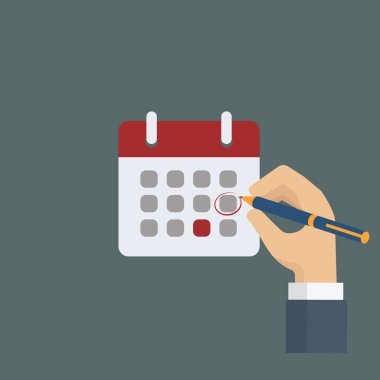 İnsanlar el işareti takvim kalem ile. Vektör düz çizim